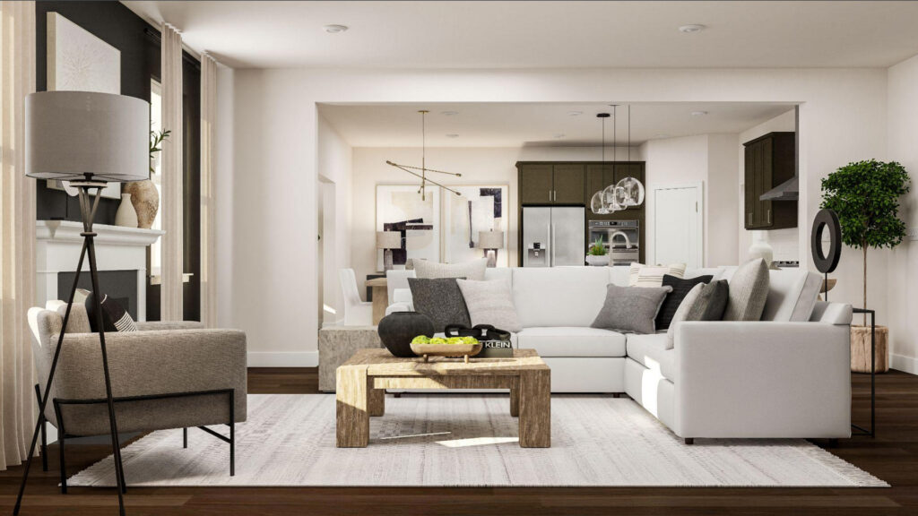 redefined monochromatic neutral living room with white sectional sofa