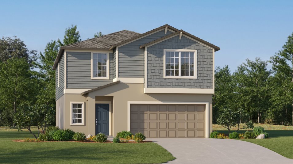 A covered entryway and horizontal lap siding define this inviting exterior